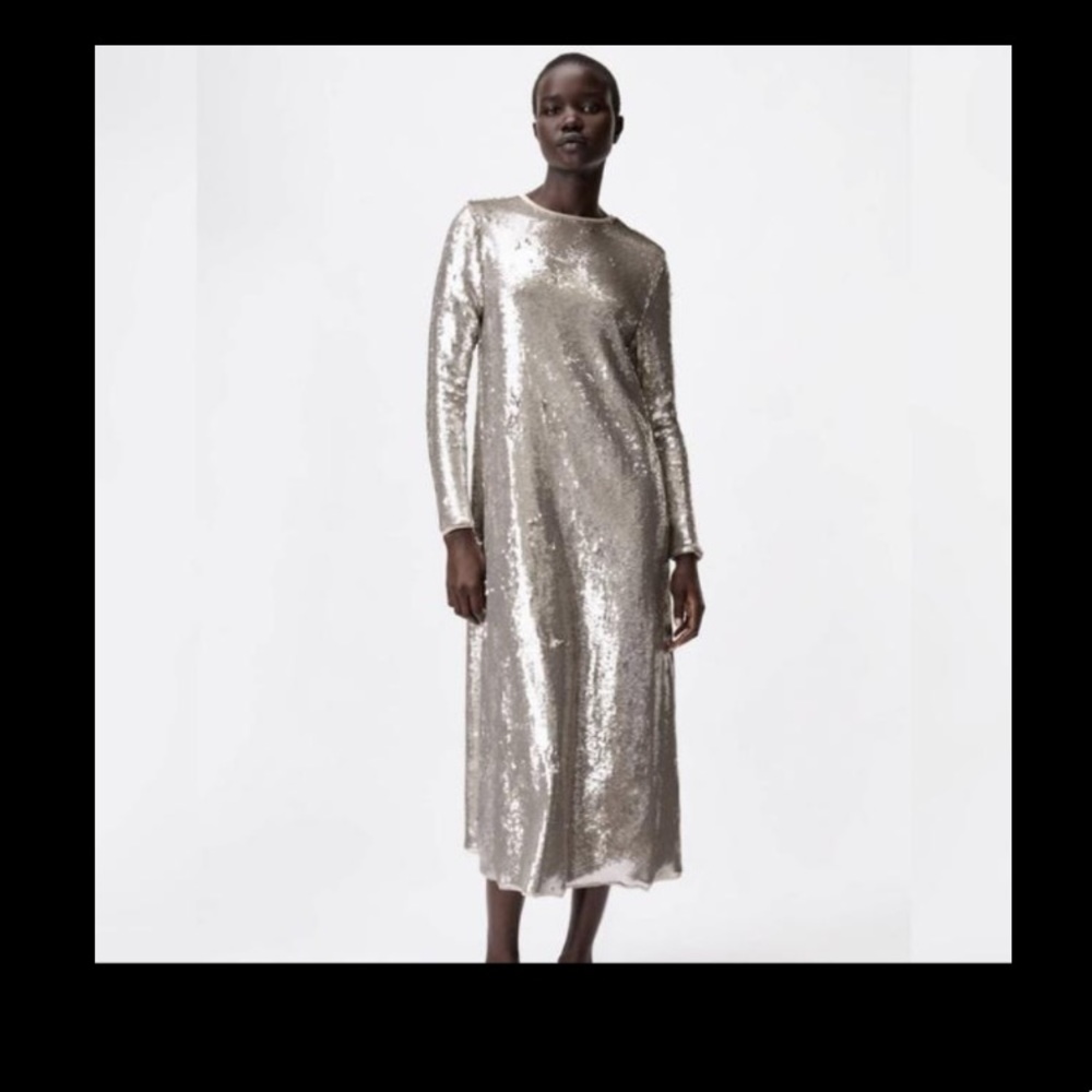 Zara Sequin Long Sleeve MIDI Dress silver BNWT Large
